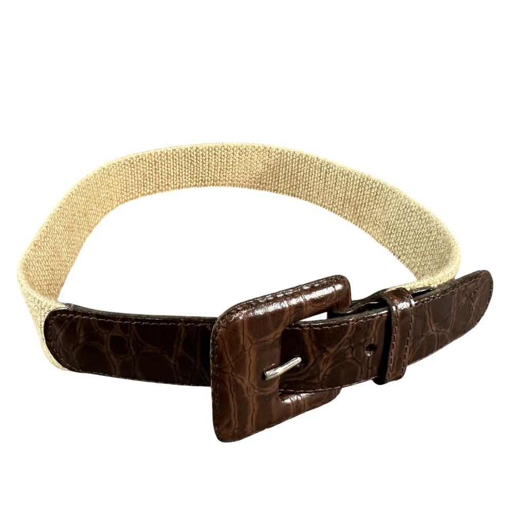 Vintage Brown Faux Croc Embossed Leather Canvas Belt Square Buckle 8661 Size S